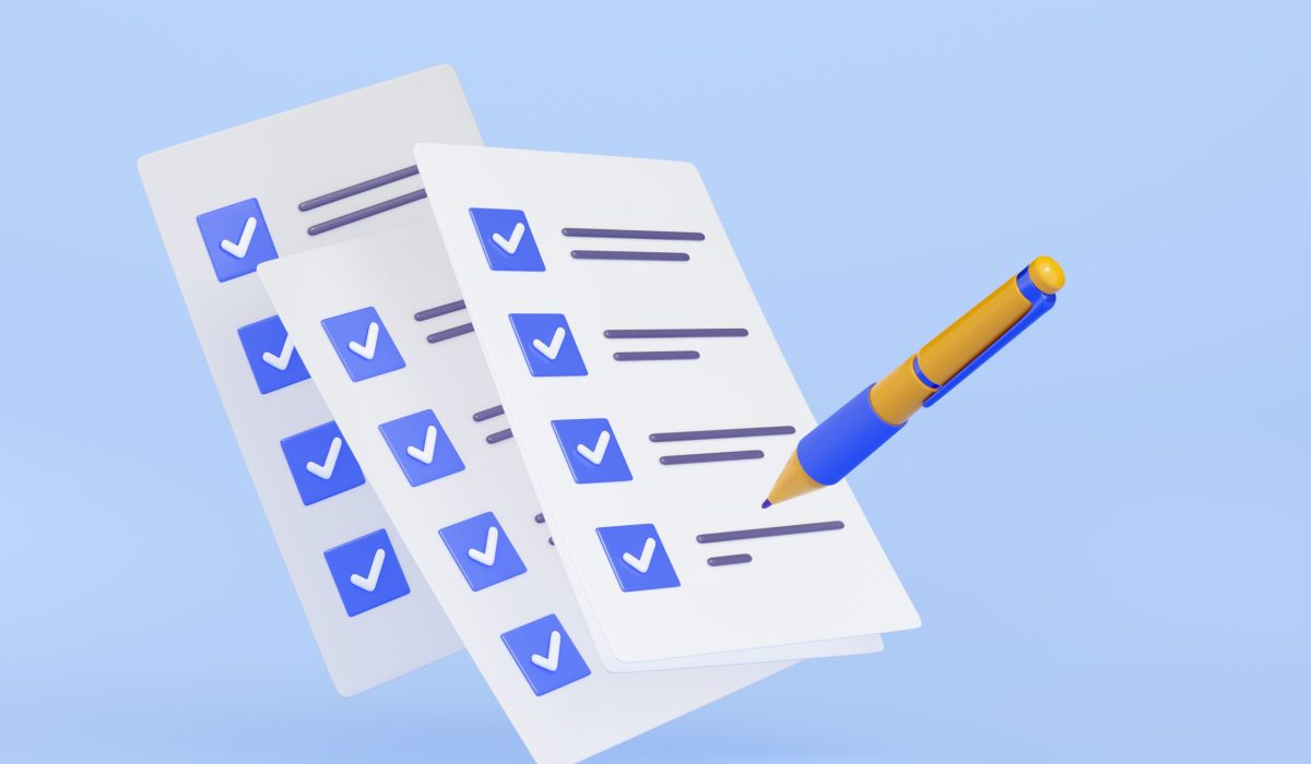 3D illustration of pen putting blue ticks on checklist papers. Election voting, successful fulfillment of business tasks, action plan for effective time management, quality control assessment form